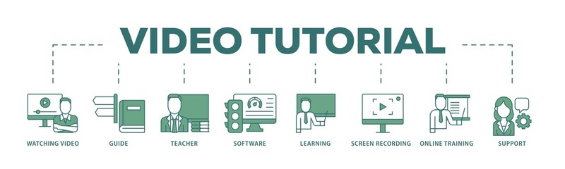 Aufkleber - Video tutorial icon infographic illustration concept with icon of watching video, guide, teacher, software, learning, screen  recording, online training, support icon png and easy to edit 