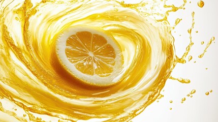 Lemon slices swirling in golden liquid, capturing the freshness and vibrancy of citrus in motion.