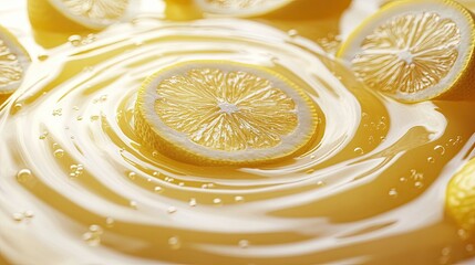 Wall Mural - Close-up of a lemon slice surrounded by a dynamic splash of golden liquid, emphasizing freshness and zest.