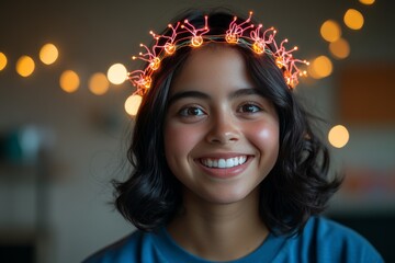 Wall Mural - Cheerful Girl with Glowing Neural Crown Symbolizing Joy Brain Activity and Creative Energy in a Playful and Bright Environment