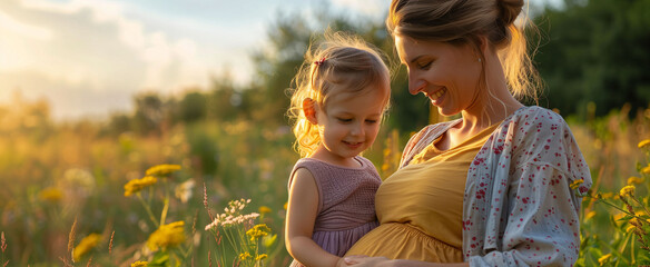 a sweet portrait of a pregnant mother holding her older daughter in her arms in a field of flowers w