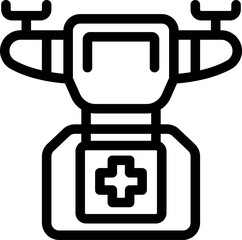 Poster - Simple black and white icon of a drone delivering a first aid kit, ideal for topics like healthcare technology and emergency response