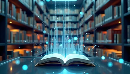Futuristic Library with Hologram Books and Data Streams - Symbolizing the Evolution of Knowledge in the Digital Age