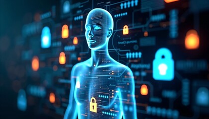 Poster - Abstract Digital Privacy Representation - Transparent Human Figure with Encryption Symbols and Glowing Locks on Cyber-Themed Background