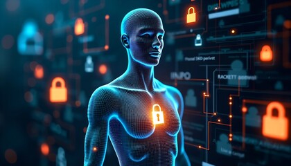 Poster - Abstract Digital Privacy Representation - Transparent Human Figure with Encryption Symbols and Glowing Locks on Cyber-Themed Background
