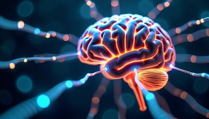 Poster - Human Brain Connected to Digital Network - Neural Pathways of Light Symbolizing Human and Artificial Intelligence Fusion