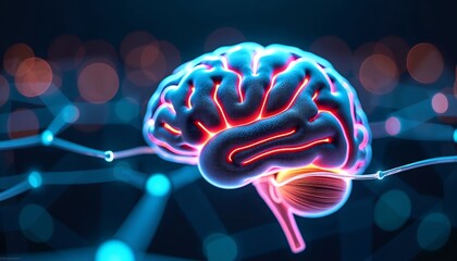 Poster - Human Brain Connected to Digital Network - Neural Pathways of Light Symbolizing Human and Artificial Intelligence Fusion