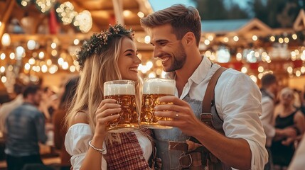 Couple toasting with beer mugs at Oktoberfest celebration