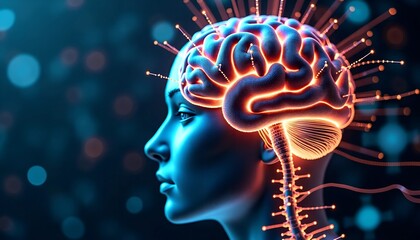 Poster - Human Brain Connected to Digital Network - Neural Pathways of Light Symbolizing Human and Artificial Intelligence Fusion
