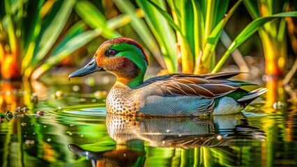 A small, vibrant green-winged teal duck swims in shallow water, its iridescent feathers glistening in the sunlight, surrounded by lush green aquatic plants.