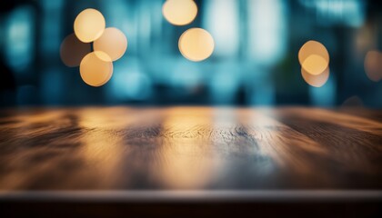 Poster - Polished Oak Table Top with Cool Blue and Gray Blurred Background