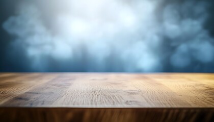 Poster - Polished Oak Table Top with Cool Blue and Gray Blurred Background