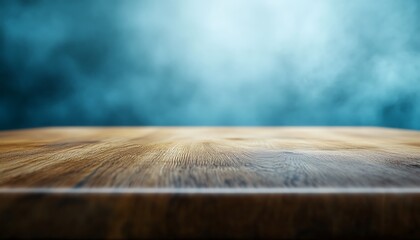 Poster - Polished Oak Table Top with Cool Blue and Gray Blurred Background