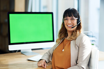Aufkleber - Portrait, businesswoman and green screen in call center for customer service, telemarketing and support. Office, female agent and computer with headset for consulting, listening and helping with FAQ