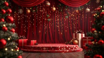 Poster - A festive Christmas-themed background with a red curtain, hanging ornaments, gift boxes, and a blank podium ready for holiday promotions and celebrations.