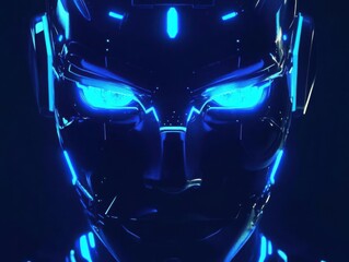 Poster - abstract ai robot face with glowing neon eyes futuristic dark blue tech background