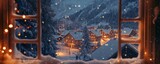 A cozy mountain village view through a snowy window with warm lights creating a serene and picturesque winter scene