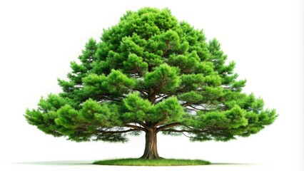 A solitary vibrant green pine tree stands tall with a robust trunk and lush branches against a soft white background, evoking a sense of serenity.