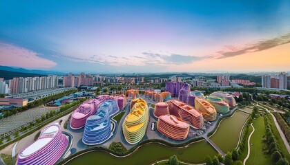 Wall Mural - Aerial View of Vibrant Pastel Colored Olympic Village with Detailed Modern Architecture