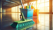 © mdaktaruzzaman - Labor day a brightly lit indoor scene featuring a green broom positioned in the foreground on shiny tiled flooring
