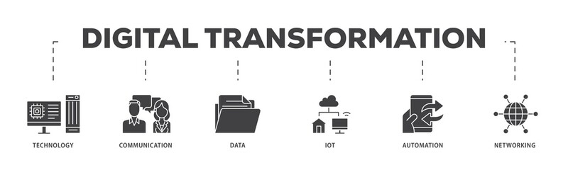 Poster - Digital transformation icon infographic illustration concept with icon of technology, communication, data, iot, ict, automation, internet, and networking icon png and easy to edit 