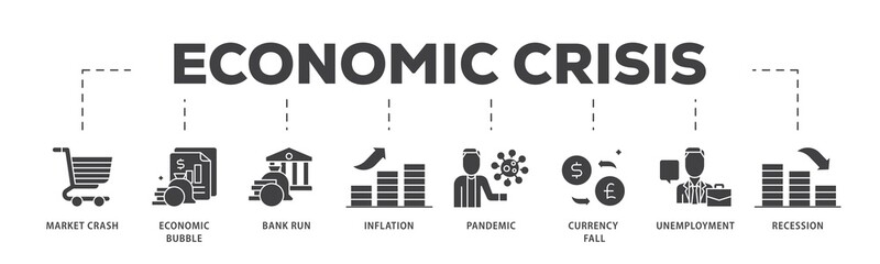 Poster - Economic crisis icon infographic illustration concept with icon of recession, unemployment, inflation, currency fall, pandemic, bank run icon png and easy to edit 