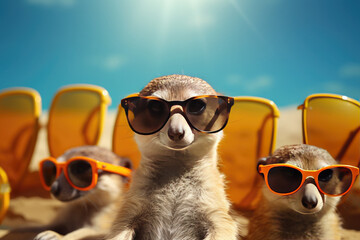 A stylish meerkat in sunglasses relaxes on a sunny beach with orange sun loungers, adding humor to the serene atmosphere. Humorous, funny photo, meme. Copy space