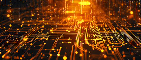 A flat vector illustration of a technology background, coding theme, deep gold color palette, abstract data streams, glowing circuit patterns, lines of code interlaced, futuristic and clean vector 