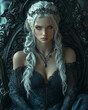 © Laurent - a powerful elf queen with silver hair and piercing gaze, seated on a grand dark throne, wearing a richly detailed black gown and an intricate crown