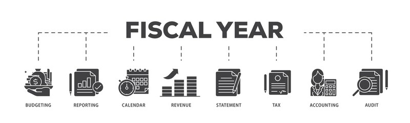 Poster - Fiscal year icon infographic illustration concept with icon of budgeting, reporting, calendar, revenue, statement, tax, accounting, audit icon png and easy to edit 