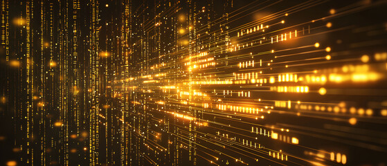 A flat vector illustration of a technology background, coding theme, deep gold color palette, abstract data streams, glowing circuit patterns, lines of code interlaced, futuristic and clean vector 