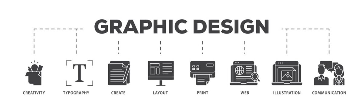 Graphic design icon infographic illustration concept with icon of creativity, typography, create, layout, print, web, illustration and communication icon png and easy to edit 
