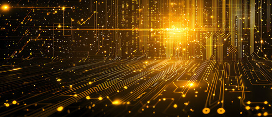 A flat vector illustration of a technology background, coding theme, deep gold color palette, abstract data streams, glowing circuit patterns, lines of code interlaced, futuristic and clean vector 