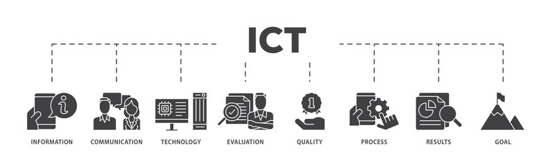 Poster - ICT icon infographic illustration concept with icon of antenna, radio, network, website, database, cloud, server, data, electronic, and processor icon png and easy to edit 
