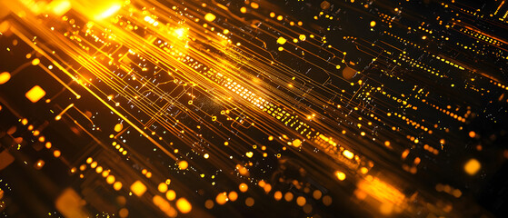A flat vector illustration of a technology background, coding theme, deep gold color palette, abstract data streams, glowing circuit patterns, lines of code interlaced, futuristic and clean vector 