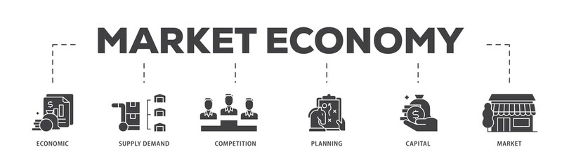 Aufkleber - Market economy icon infographic illustration concept with icon of economic, supply demand, competition, planning, capital, market icon png and easy to edit 