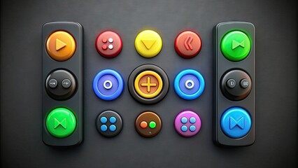 Assortment of colorful remote control buttons with various symbols and icons, including play, pause, fast forward, and volume controls, on a sleek black background.