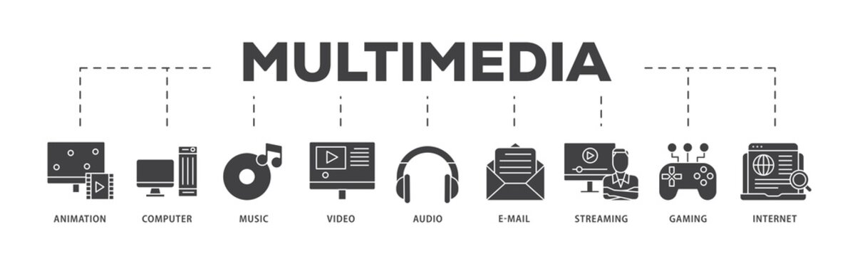 Multimedia icon infographic illustration concept with icon of e mail, video, audio, internet, streaming, gaming, music, computer, animation icon png and easy to edit 