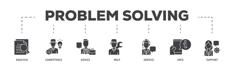 Poster - Problem solving icon infographic illustration concept with icon of analysis, critical thinking, creativity, emotional intelligence, research, team building  icon png and easy to edit 
