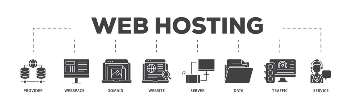 Web hosting icon infographic illustration concept with icon of provider, webspace, domain, website, server, data, traffic and service icon png and easy to edit 