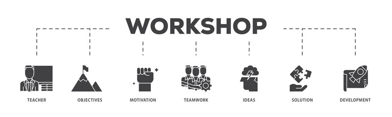 Workshop icon infographic illustration concept with icon of teacher, objectives, motivation, teamwork, ideas, solution, and development icon png and easy to edit 