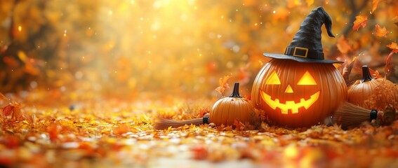 A Halloween pumpkin with a whimsical witch hat, surrounded by autumn leaves, creates festivity