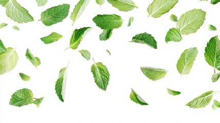 Fresh mint leaves falling on a white background.