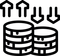 Poster - Line art vector icon of stacks of coins with some arrows pointing up and some pointing down, representing market volatility