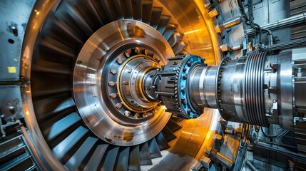 The view of a generator's rotor spinning in a natural gas power plant