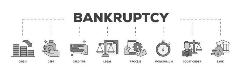 Aufkleber - Bankruptcy icon infographic illustration concept with icon of bank ,court order, legal, moratorium, process, creditor, debt, crisis icon png and easy to edit 