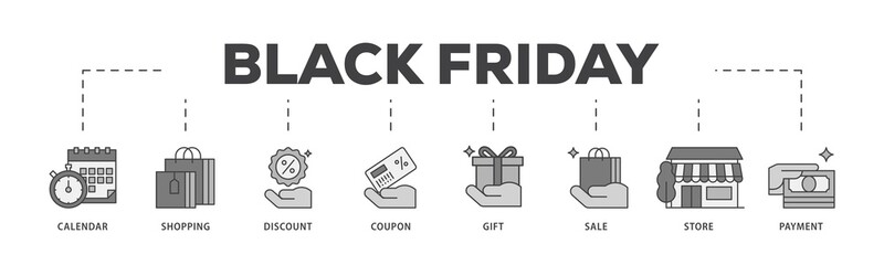 Poster - Black friday icon infographic illustration concept with icon of calendar, shopping, discount, coupon, gift, sale, store, payment icon png and easy to edit 
