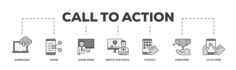 Aufkleber - Call to action icon infographic illustration concept with icon of  click here, watch our video, subscribe, contact, learn more, share, download icon png and easy to edit 