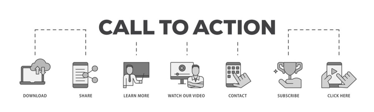 Call to action icon infographic illustration concept with icon of  click here, watch our video, subscribe, contact, learn more, share, download icon png and easy to edit 