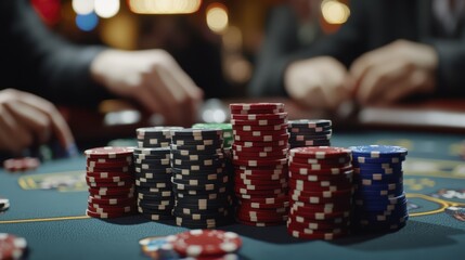 Green table with casino gambling chips and a bokeh background